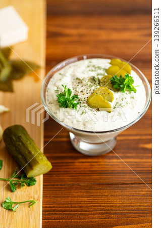 Homemade healthy dip with pickles garlic and creamy texture 139266511