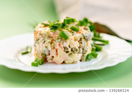 delicious creamy potato salad with peas carrots and green onion 139266524