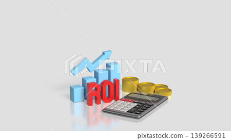Return on Investment ROI Analysis with Calculator Coins and Growth Chart 3d render. Return on Investment ROI Analysis with Calculator Coins and Growth Chart 3d render. 139266591