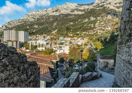 View of Kruje old town in Albania. Streets and bazaar cityscape on the mountains. View of Kruje old town in Albania. Streets and bazaar cityscape on the mountains. 139266597