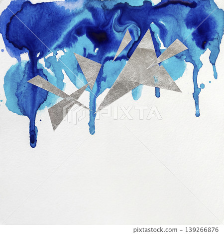 Cobalt blue watercolor dripping from the top against a silver geometric modern background. Cobalt blue watercolor dripping from the top against a silver geometric modern background. 139266876