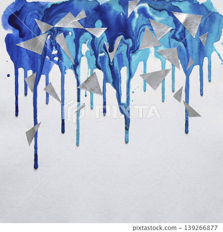 Cobalt blue watercolor dripping from the top against a silver geometric modern background. Cobalt blue watercolor dripping from the top against a silver geometric modern background. 139266877