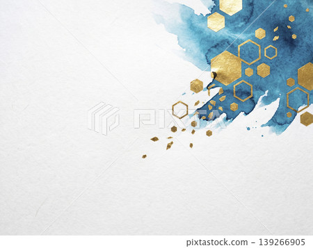 A modern background featuring turquoise blue watercolors and bursting gold hexagons. A modern background featuring turquoise blue watercolors and bursting gold hexagons. 139266905