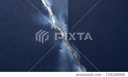 Silver kintsugi (gold repair) running diagonally across blue washi paper in the middle of the night, against an ice-blue watercolor background. 139266906