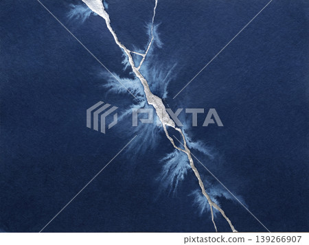 Silver kintsugi (gold repair) running diagonally across blue washi paper in the middle of the night, against an ice-blue watercolor background. Silver kintsugi (gold repair) running diagonally across blue washi paper in the middle of the night, against an ice-blue watercolor background. 139266907