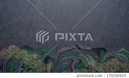 A cool background with emerald suminagashi (marbling) and sayagata (swastika) patterned gold lines at the bottom. 139266928