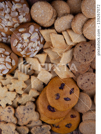 Assorted Gourmet Cookies Collection: Almond, Chocolate Chip, Shortbread and Oatmeal Biscuits Mix food background 139267072