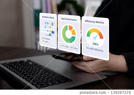 Workflow Performance Dashboard and Efficiency Metrics Concept Workflow Performance Dashboard and Efficiency Metrics Concept 139267229
