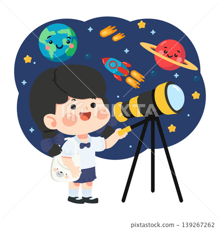 Girl Looking Through Telescope Exploring Space And Stars 139267262