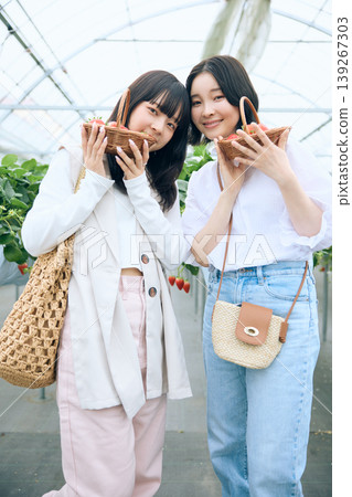 Two young women enjoying strawberry picking; friends smiling in a greenhouse, holding small baskets of strawberries. 139267303
