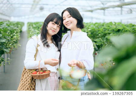 兩位年輕女子正享受著採摘草莓的樂趣；兩位朋友在溫室裡笑容滿面地拿著新鮮採摘的草莓。 139267305
