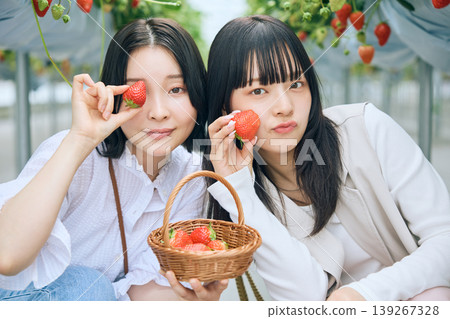 Two young women enjoying strawberry picking; a photo of them posing with strawberries in a greenhouse, a memorable moment with a friend. 139267328