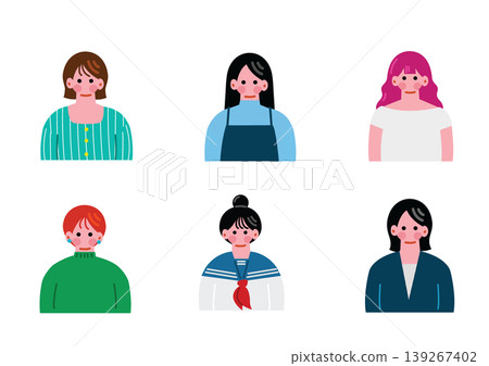 一組描繪不同女性上半身的插圖。 139267402