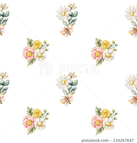 Cute Colourful Meadow Flower Seamless Pattern. Watercolor summer spring bloom floral illustration hand painted isolated on white background for nursery design fresh print fabric textile wrapping paper Cute Colourful Meadow Flower Seamless Pattern. Watercolor summer spring bloom floral illustration hand painted isolated on white background for nursery design fresh print fabric textile wrapping paper 139267697