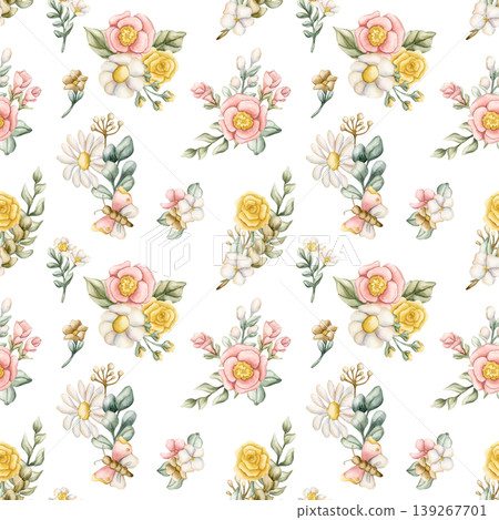 Cute Colourful Meadow Flower Seamless Pattern. Watercolor summer spring bloom floral illustration hand painted isolated on white background for nursery design fresh print fabric textile wrapping paper Cute Colourful Meadow Flower Seamless Pattern. Watercolor summer spring bloom floral illustration hand painted isolated on white background for nursery design fresh print fabric textile wrapping paper 139267701