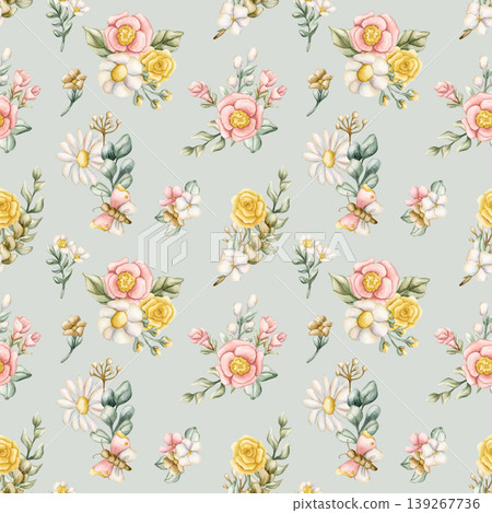 Cute Colourful Meadow Flower Seamless Pattern. Watercolor summer spring bloom floral illustration hand painted isolated on blue background for nursery design fresh print fabric textile wrapping paper Cute Colourful Meadow Flower Seamless Pattern. Watercolor summer spring bloom floral illustration hand painted isolated on blue background for nursery design fresh print fabric textile wrapping paper 139267736