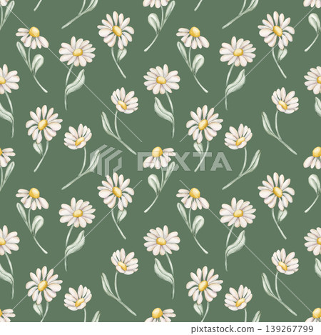 Cute Daisy Chamomile Flowers Seamless Pattern. Wildflowers Watercolor summer spring floral illustration hand painted isolated on green background for nursery baby kids design fresh fabrics textile Cute Daisy Chamomile Flowers Seamless Pattern. Wildflowers Watercolor summer spring floral illustration hand painted isolated on green background for nursery baby kids design fresh fabrics textile 139267799