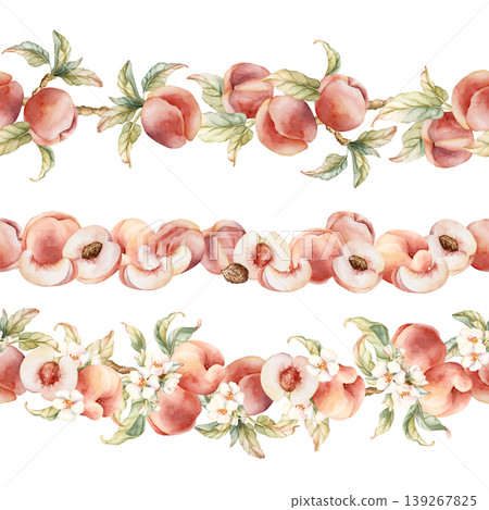 Pink Peaches with Flower Seamless Border Set Summer Juicy Ripe Fruits. Watercolor hand drawn floral food illustration isolated on white background for home kitchen textile fresh print cosmetic package 139267825