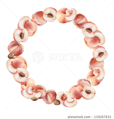 Pink Peaches with Seeds Wreath Summer Juicy Ripe Fruits. Watercolor hand drawn floral food illustration isolated on white background for home kitchen textile fresh print card cosmetic package crockery Pink Peaches with Seeds Wreath Summer Juicy Ripe Fruits. Watercolor hand drawn floral food illustration isolated on white background for home kitchen textile fresh print card cosmetic package crockery 139267832