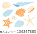 Seashells and starfish minimal set in soft pastel colors. Collection of different marine shells isolated on white background. Flat vector illustration 139267863