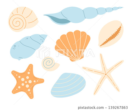 Seashells and starfish minimal set in soft pastel colors. Collection of different marine shells isolated on white background. Flat vector illustration 139267863