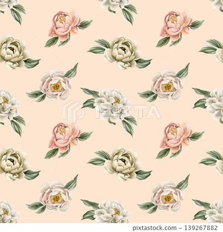 Peonies Flowers Seamless Pattern. Watercolor hand drawn floral illustratoin isolated on light pink background for summer design home textile wrapping paper gift box fresh fabric print cosmetic package Peonies Flowers Seamless Pattern. Watercolor hand drawn floral illustratoin isolated on light pink background for summer design home textile wrapping paper gift box fresh fabric print cosmetic package 139267882
