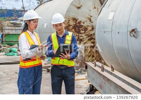 Asian male and female engineers inspecting an industrial site with large storage tanks. 139267920