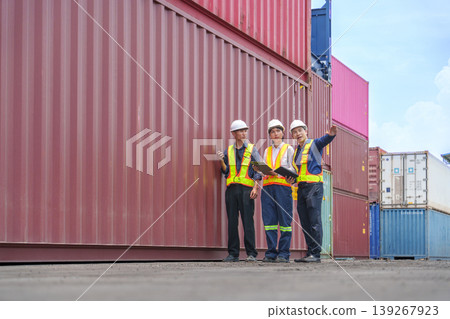 Asian Port Authorities Inspecting Large Red Shipping Container for Global Trade Logistics and Supply Chain Management 139267923