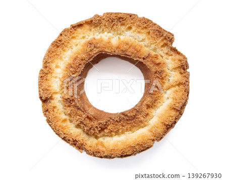 Old-fashioned donut placed on a white background, overhead view, directly above, cutout material. Old-fashioned donut placed on a white background, overhead view, directly above, cutout material. 139267930