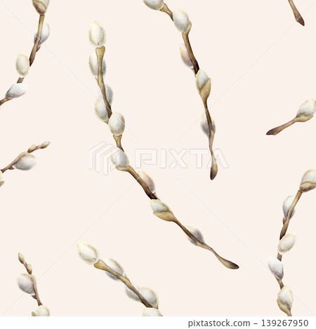 Willow branches with fluffy catkins Seamless Pattern. Watercolor hand drawn floral illustration isolated on light pink background for Easter holiday spring design textile fresh fabric print crockery Willow branches with fluffy catkins Seamless Pattern. Watercolor hand drawn floral illustration isolated on light pink background for Easter holiday spring design textile fresh fabric print crockery 139267950