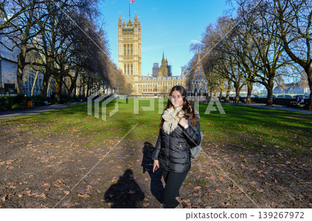 Woman at Westminster Palace London United Kingdom park. Woman at Westminster Palace London United Kingdom park. 139267972