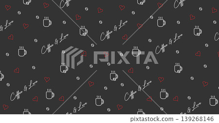 Seamless pattern with coffee mugs, coffee beans, red hearts, and "Coffee & Love" handwritten text on a dark charcoal background 139268146