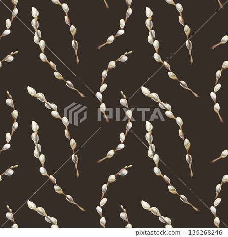 Willow branches with fluffy catkins Seamless Pattern. Watercolor hand drawn floral illustration isolated on dark background for Easter holiday spring design textile fresh fabric print card crockery 139268246