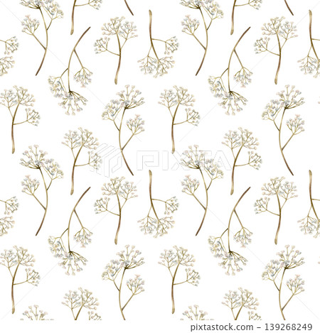 Gypsophila flowers Seamless Pattern. Baby's breath Watercolor hand drawn floral illustration isolated on white background for Easter holiday spring design home textile fresh fabric print crockery Gypsophila flowers Seamless Pattern. Baby's breath Watercolor hand drawn floral illustration isolated on white background for Easter holiday spring design home textile fresh fabric print crockery 139268249