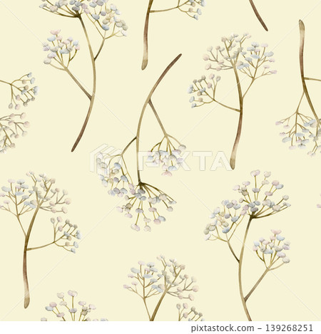 Gypsophila flowers Seamless Pattern. Baby's breath Watercolor hand drawn floral illustration isolated on light yellow background for Easter holiday spring design home textile fresh fabric print Gypsophila flowers Seamless Pattern. Baby's breath Watercolor hand drawn floral illustration isolated on light yellow background for Easter holiday spring design home textile fresh fabric print 139268251