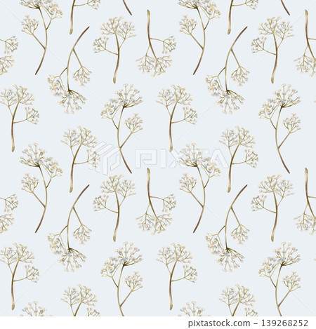 Gypsophila flowers Seamless Pattern. Baby's breath Watercolor hand drawn floral illustration isolated on light blue background for Easter holiday spring design home textile fresh fabric print Gypsophila flowers Seamless Pattern. Baby's breath Watercolor hand drawn floral illustration isolated on light blue background for Easter holiday spring design home textile fresh fabric print 139268252