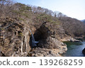 A breathtaking view of a beautiful and dynamic waterfall flowing down the rocky cliffs in Ryuo Gorge during winter. 139268259