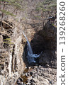A breathtaking view of a beautiful and dynamic waterfall flowing down the rocky cliffs in Ryuo Gorge during winter. 139268260