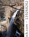 A breathtaking view of a beautiful and dynamic waterfall flowing down the rocky cliffs in Ryuo Gorge during winter. 139268262