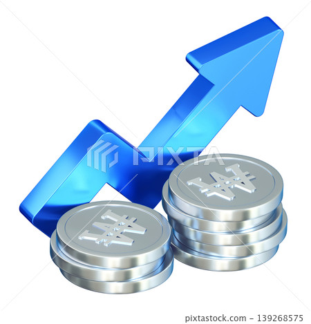 3D Render of Stacked Korean Won Coins with Blue Upward Growth Arrow 3D Render of Stacked Korean Won Coins with Blue Upward Growth Arrow 139268575