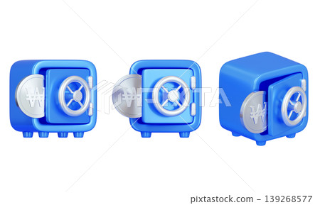 3D Render of Silver Korean Won Coins inside Blue Safe Box 139268577