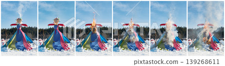 Burning of effigy during Maslenitsa holiday celebration in Russia shows sequence of events in ceremony Burning of effigy during Maslenitsa holiday celebration in Russia shows sequence of events in ceremony 139268611