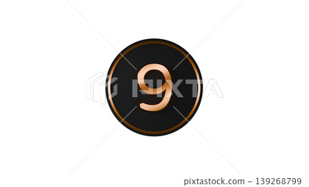 Modern black medal, number 9 [gold], rubber texture, 3D icon, transparent background. 139268799