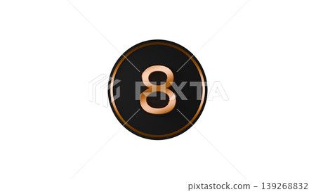Modern black medal, number 8 [gold], rubber texture, 3D icon, transparent background. 139268832