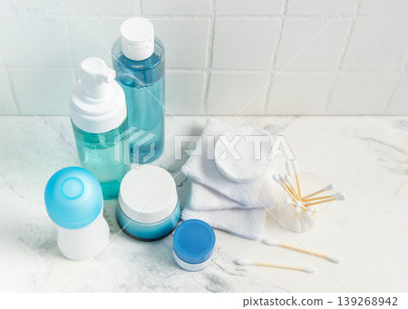 Skincare products and hygiene items for daily wellness routine 139268942