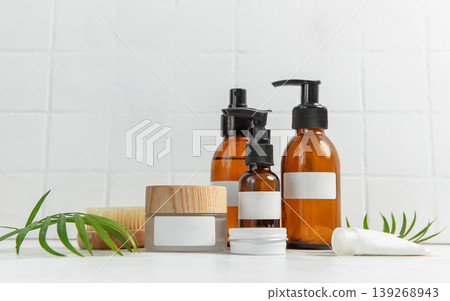 Skincare beauty products on marble with plant leaves 139268943