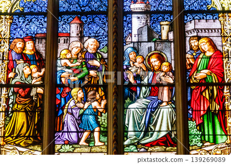 Stained glass window in St. Peter's Cathedral, Geneva, Switzerland Stained glass window in St. Peter's Cathedral, Geneva, Switzerland 139269089