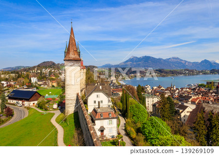 Top view on Lake Lucerne and old town with Musegg wall and towers in Lucerne city, Switzerland 139269109
