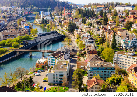 View of the Reuss river and old town of Lucerne (Luzern) city, Switzerland. View from above View of the Reuss river and old town of Lucerne (Luzern) city, Switzerland. View from above 139269111