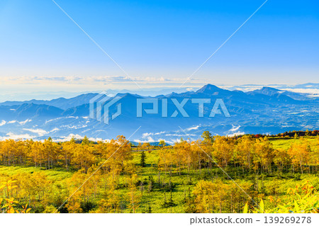 A spectacular view of the Kanto Plain and the colorful mountain slopes seen through a sea of clouds from the Shiga-Kusatsu Plateau Route. A spectacular view of the Kanto Plain and the colorful mountain slopes seen through a sea of clouds from the Shiga-Kusatsu Plateau Route. 139269278